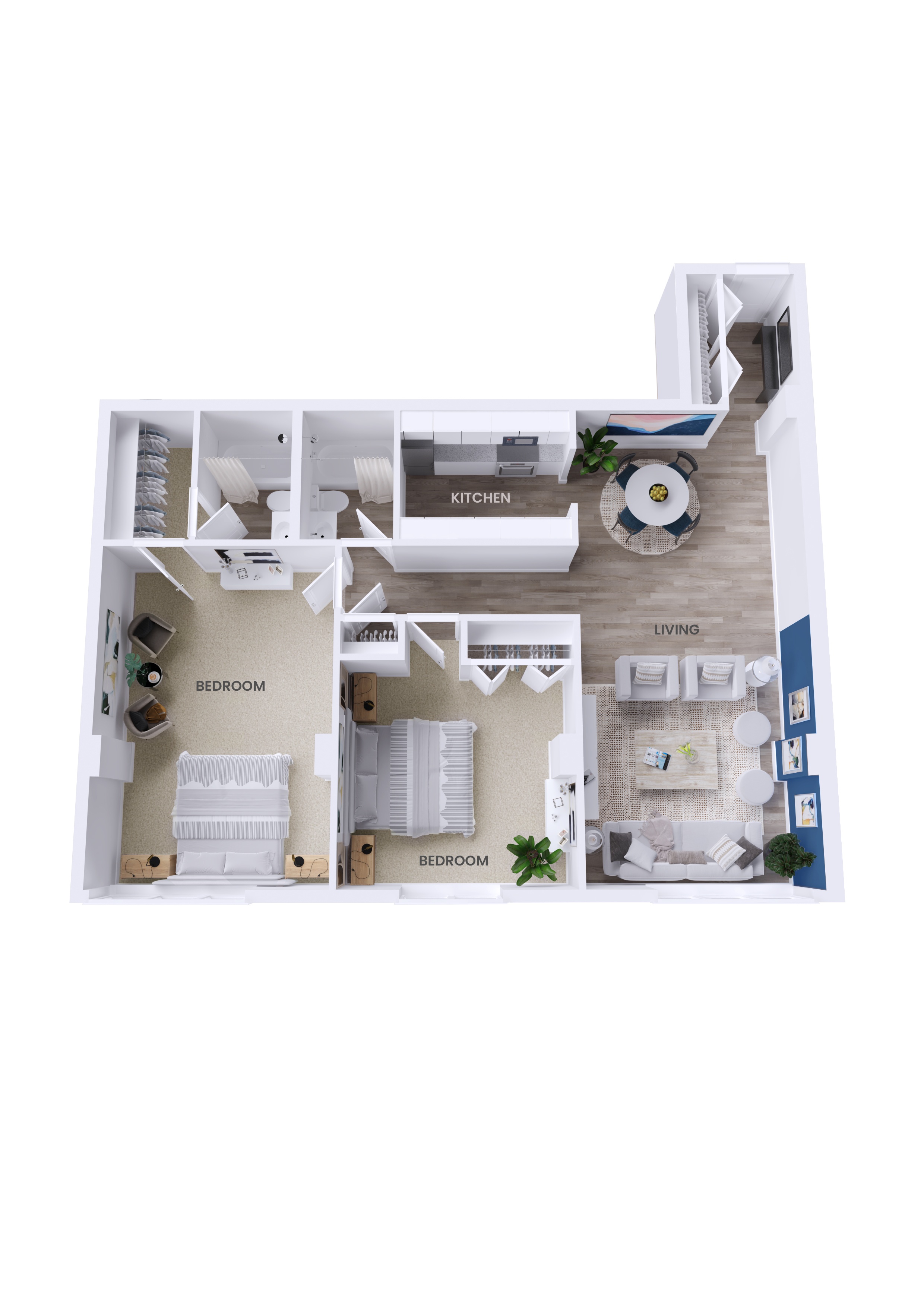 Floor plan for 2 beds, 2 baths, 965 sqft